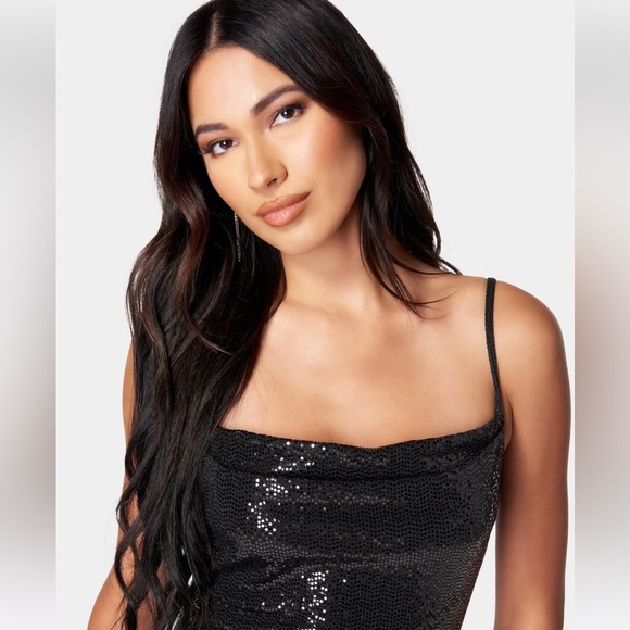 NWT Bebe Black Cowl Sequin Mini Dress, Size S - Picture 4 of 11